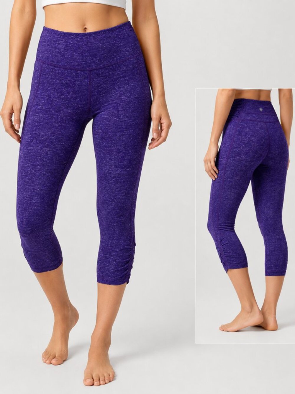 Athleta Purple Ruched Capri Leggings M Quiet Luxury Athleisure Yoga Core Fit